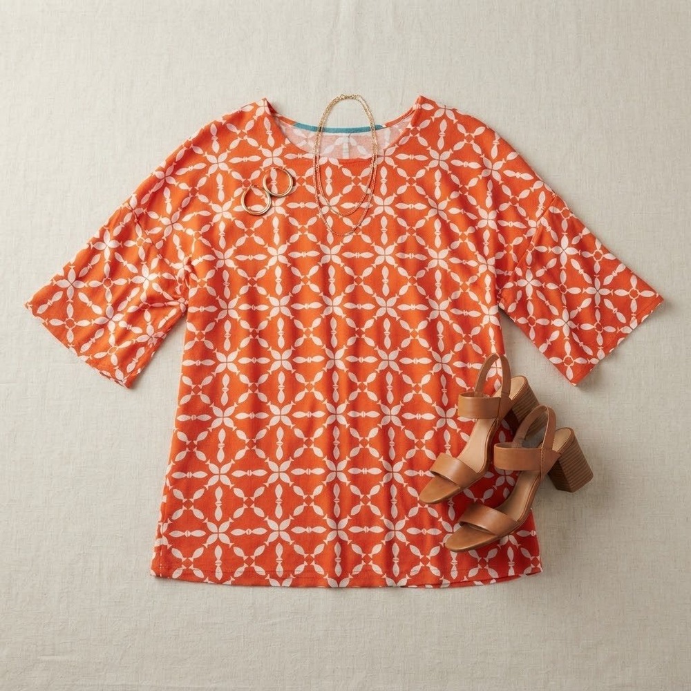 Boden Blouse Womens 6 Orange White Geometric Zip Back Top Mod Preppy Casual